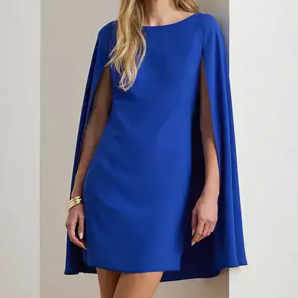 Ralph Lauren Cape Georgette Cocktail Dress Resort Blue Sleeveless Womens Size 12
